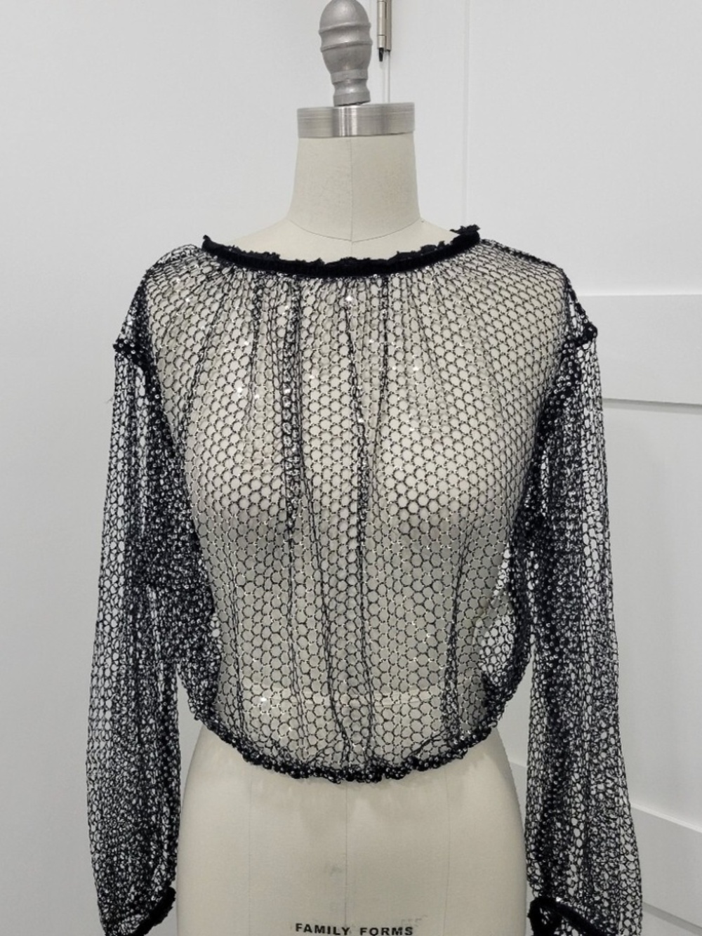 NWT Free People Sparks Fly Sequin Metallic Mesh Long Sleeve Top in Black Sz XS